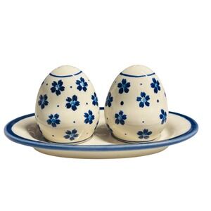 Polish Pottery Salt & Pepper Shakers/Tray Blue Floral Hand Painted Boleslawiec